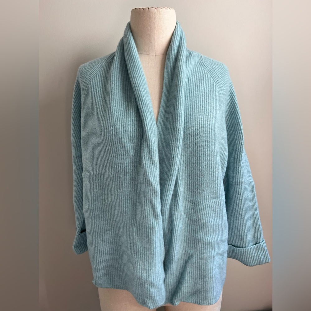 Repeat Cashmere open front rib knit cardigan sz small light blue green heathered